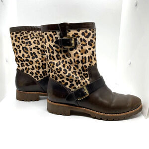 Sperry Britt Brown Leather and Calf Hair Leopard Print Buckle Clasp Boots size 5